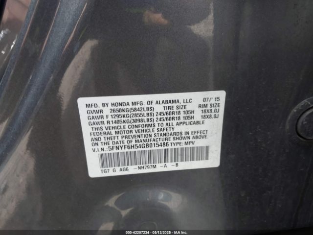5FNYF6H54GB015486 Honda Pilot Ex-l