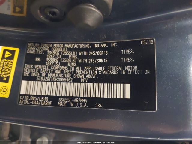 5TDJZRFH6KS999462 Toyota Highlander Xle