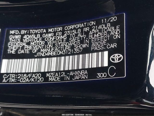 JTND4MBE0M3121357 Toyota COROLLA SE