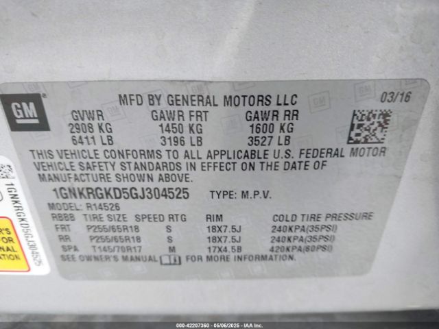 1GNKRGKD5GJ304525 Chevrolet llt - sidi, alum, 60 degrees
