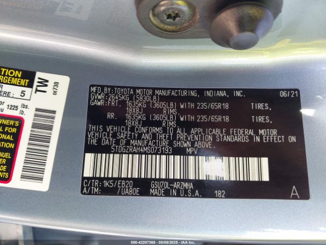 5TDGZRAH4MS073193 Toyota Highlander Xle
