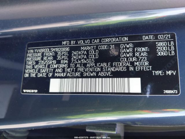 YV4BR0DL5M1820896 Volvo Xc60 Recharge Plug-in Hybrid T8 Inscription