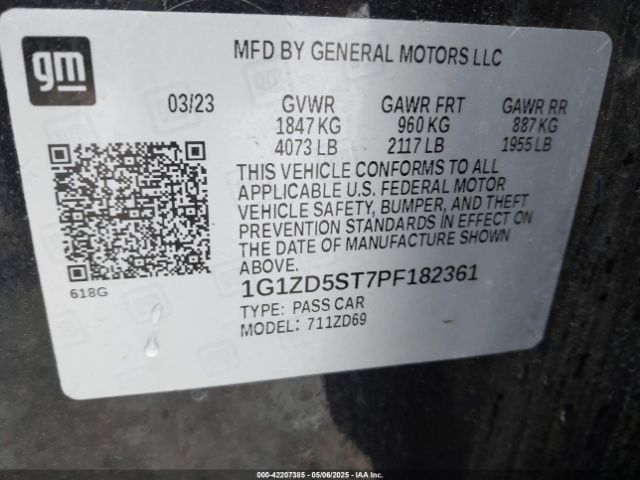 1G1ZD5ST7PF182361 Chevrolet Malibu Fwd 1lt