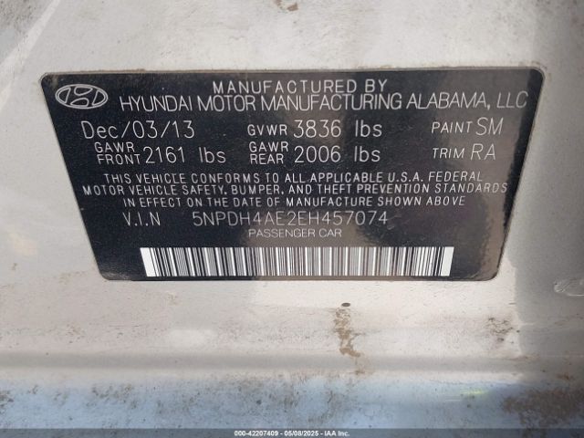 5NPDH4AE2EH457074 Hyundai ELANTRA SE