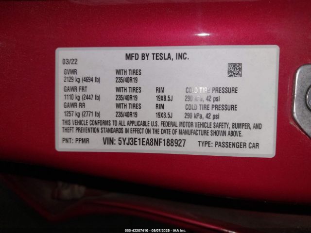 2022 TESLA MODEL 3 5YJ3E1EA8NF188927 Photo 8