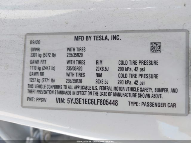 5YJ3E1EC6LF805448 Tesla Model 3 Performance Dual Motor All-wheel Drive
