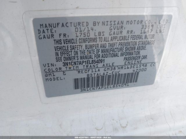 3N1CN7AP1EL854091 Nissan Versa 1.6 S+