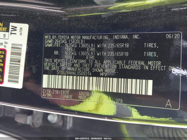 5TDGZRAH4LS509314 Toyota 2gr-fks
