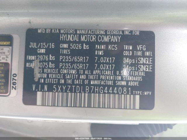 5XYZTDLB7HG444081 Hyundai gdi theta ii