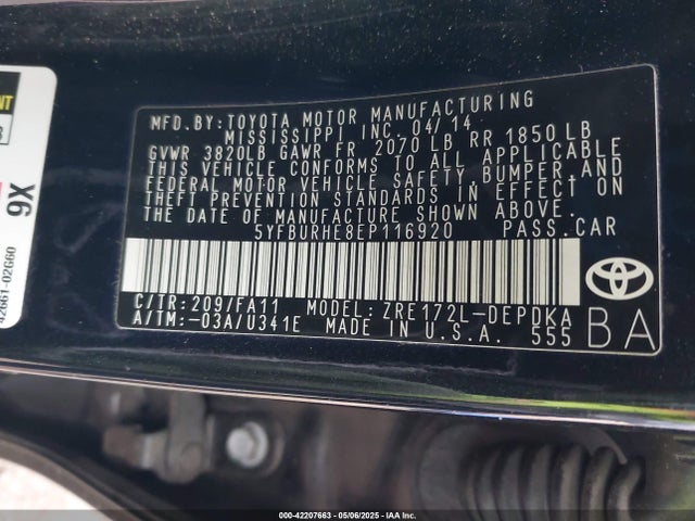5YFBURHE8EP116920 Toyota COROLLA L