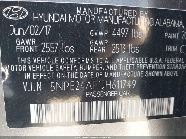 5NPE24AF1JH611749 Hyundai gdi theta-ii