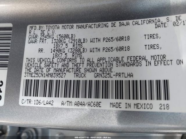 3TMEZ5CN1HM039527 Toyota Tacoma Limited