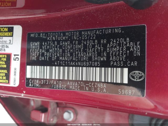 4T1C11AK4NU697085 Toyota CAMRY LE