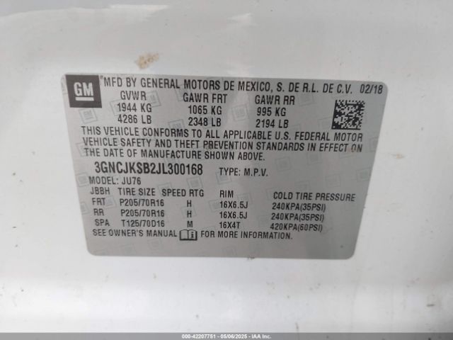 3GNCJKSB2JL300168 Chevrolet TRAX LS