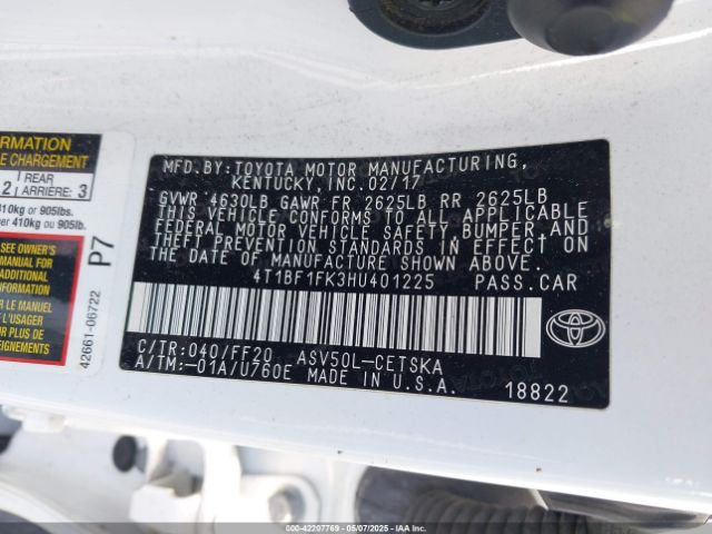 4T1BF1FK3HU401225 Toyota CAMRY SE