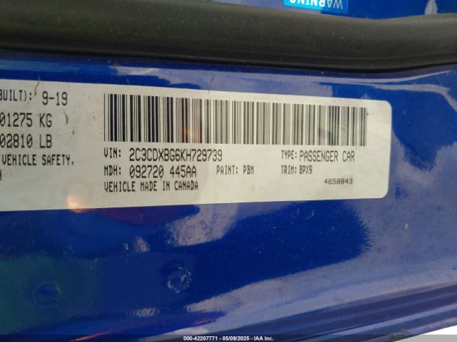 2C3CDXBG6KH729739 Dodge Charger Sxt Rwd
