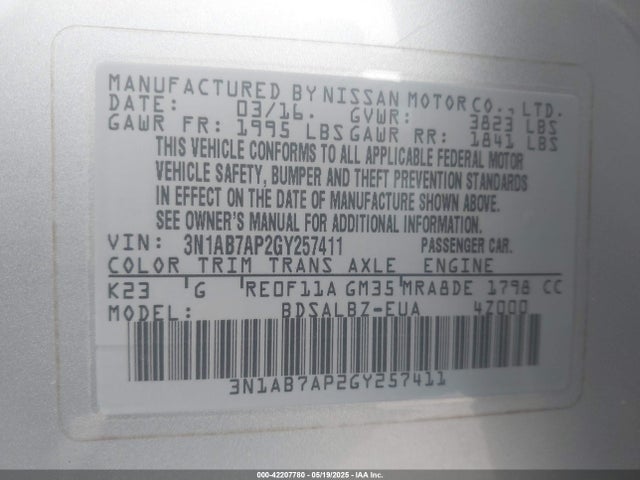 3N1AB7AP2GY257411 Nissan SENTRA S