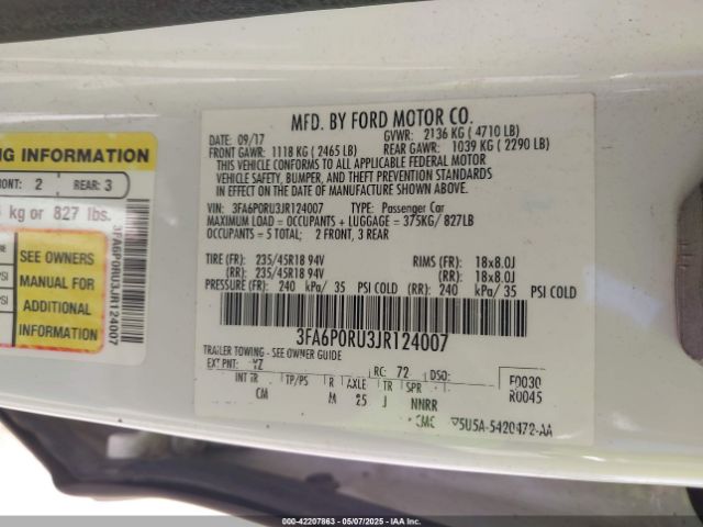 3FA6P0RU3JR124007 Ford Fusion Hybrid Titanium