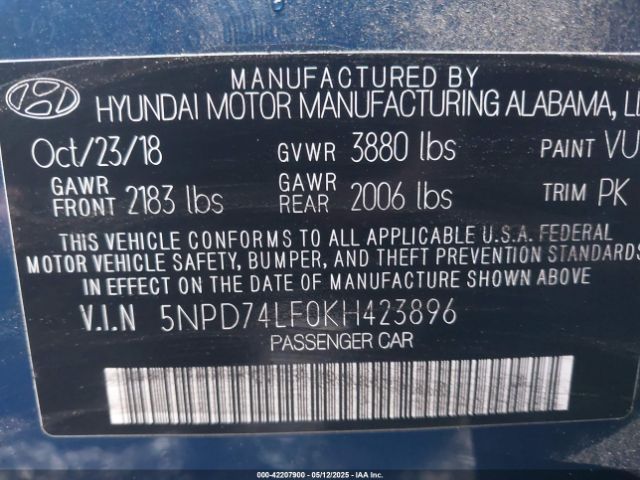 2019 HYUNDAI ELANTRA 5NPD74LF0KH423896 Photo 8