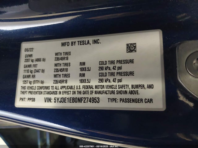 2022 TESLA MODEL 3 5YJ3E1EB0NF274953 Photo 8