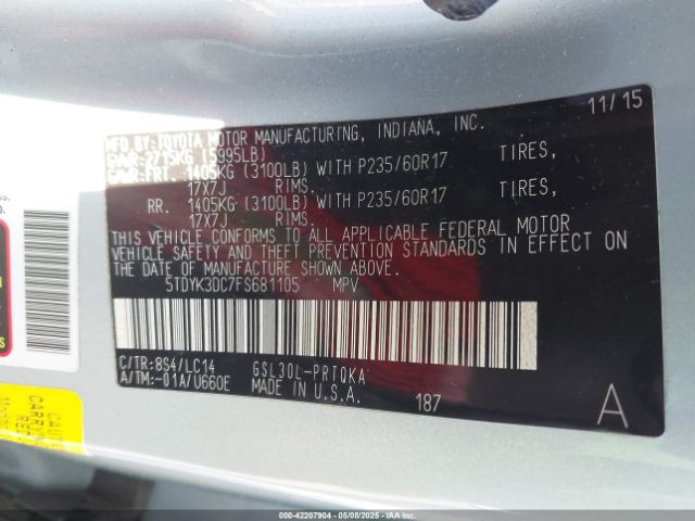 5TDYK3DC7FS681105 Toyota Sienna Xle 8 Passenger