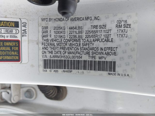 5J6RM3H53GL007654 Honda CR-V EX