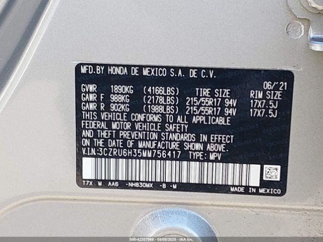 3CZRU6H35MM756417 Honda Hr-v Awd Lx