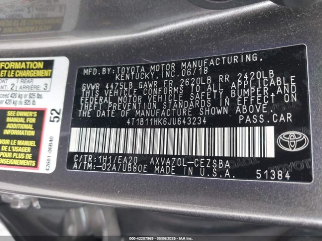 2018 TOYOTA CAMRY 4T1B11HK6JU643234 Photo 8