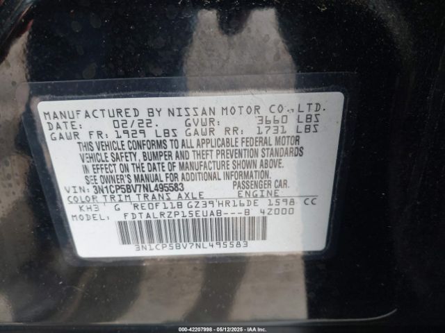3N1CP5BV7NL495583 Nissan Kicks S Xtronic Cvt
