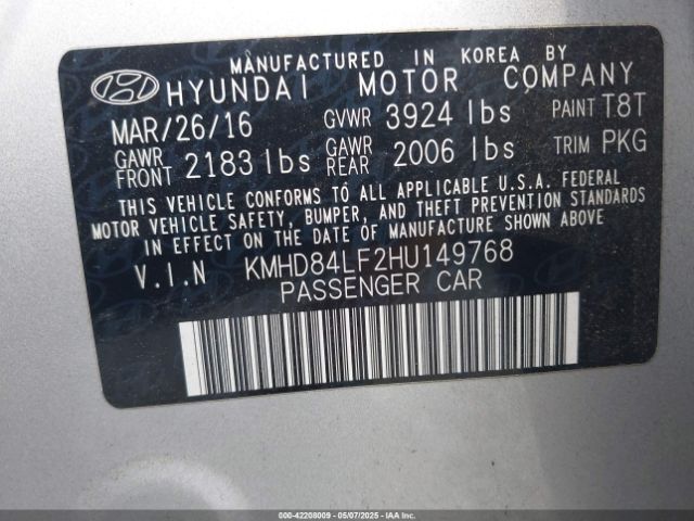 KMHD84LF2HU149768 Hyundai ELANTRA SE