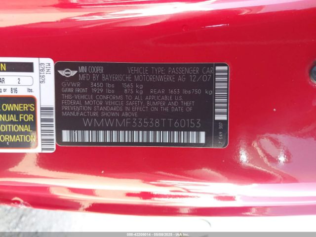 2008 MINI COOPER WMWMF33538TT60153 Photo 8