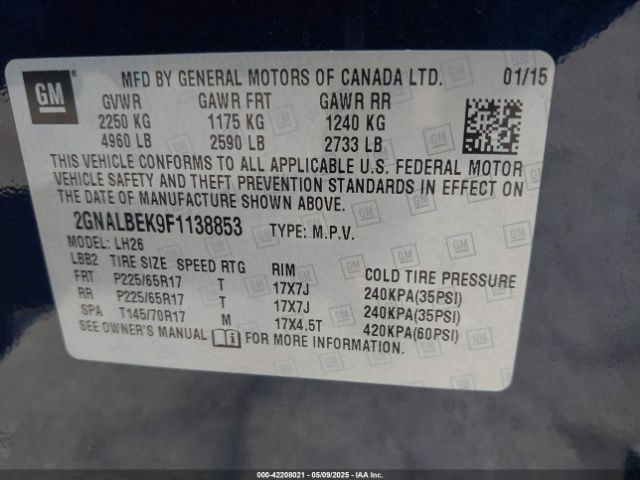 2GNALBEK9F1138853 Chevrolet EQUINOX 1LT