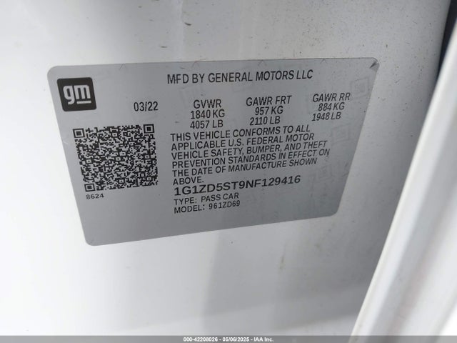 1G1ZD5ST9NF129416 Chevrolet lfv - direct injection, variable valve timing, gen 1 gmna