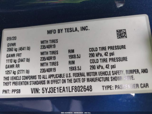 5YJ3E1EA1LF802648 Tesla Model 3 Standard Range Plus Rear-wheel Drive/standard Range Rear-wheel Drive