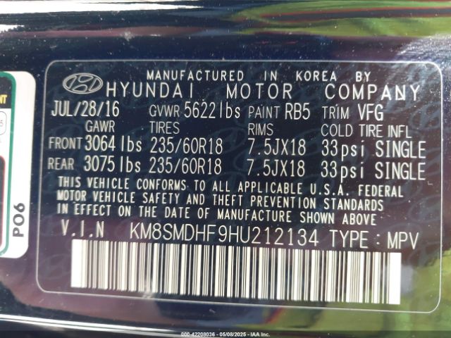KM8SMDHF9HU212134 Hyundai Santa Fe Se
