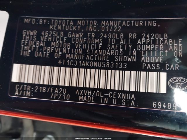 4T1C31AK8NU583133 Toyota Camry Le Hybrid