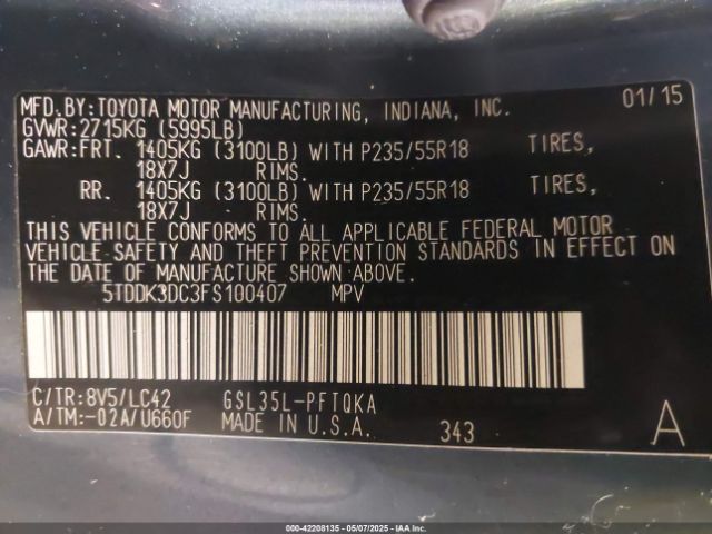 5TDDK3DC3FS100407 Toyota Sienna Xle 7 Passenger