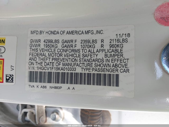 1HGCV1F15KA010333 Honda l15be
