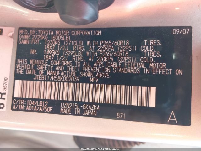 2008 TOYOTA 4RUNNER JTEBT17R58K002039 Photo 8