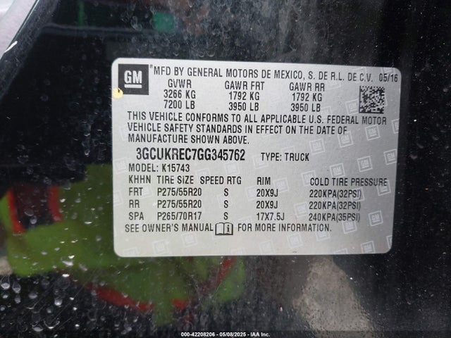 3GCUKREC7GG345762 Chevrolet Silverado 1500 2lt