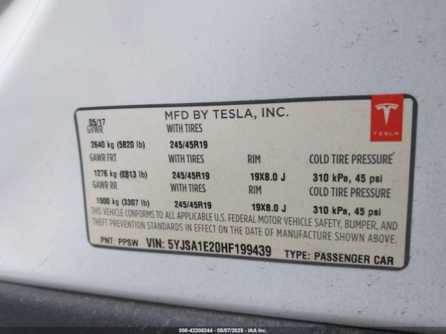 5YJSA1E20HF199439 Tesla Model S 100d/60d/75d/90d/p100d