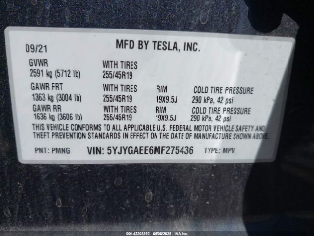5YJYGAEE6MF275436 Tesla Model Y Long Range Dual Motor All-wheel Drive