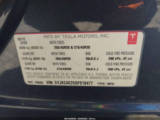5YJXCAE25GF018477 Tesla Model X 60d/70d/75d/90d