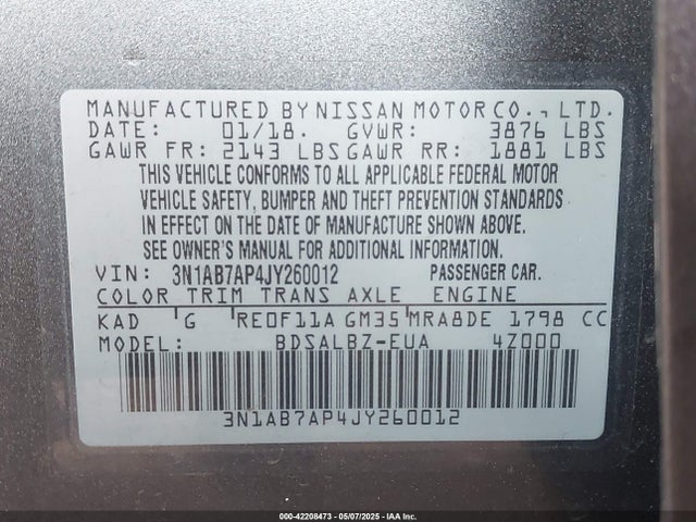 3N1AB7AP4JY260012 Nissan SENTRA S