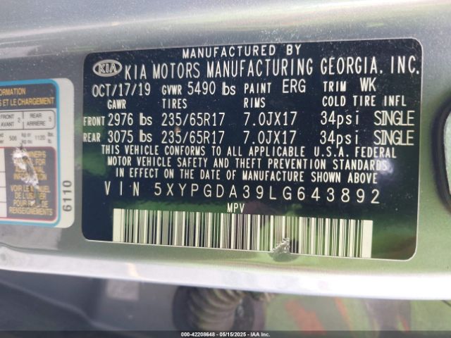 5XYPGDA39LG643892 KIA Sorento 2.4l Lx