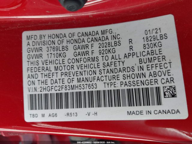 2021 HONDA CIVIC 2HGFC2F83MH537653 Photo 8