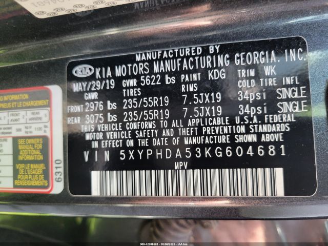 5XYPHDA53KG604681 KIA Sorento Ex/ex Sport