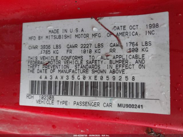 1999 MITSUBISHI ECLIPSE SPYDER 4A3AX35G0XE059258 Photo 8