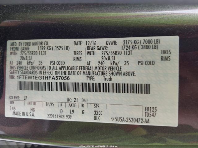 1FTEW1EG1HFA57056 Ford F-150 Lariat