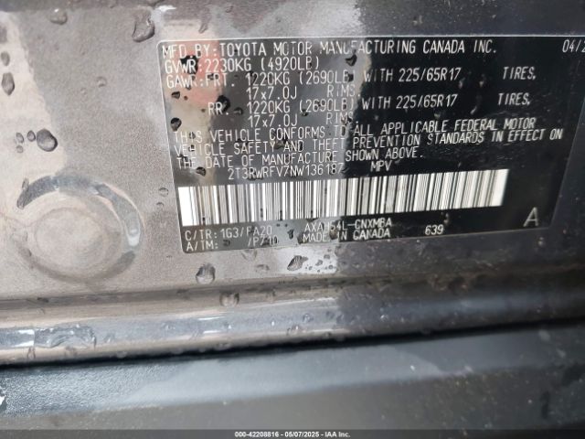 2T3RWRFV7NW136187 Toyota Rav4 Hybrid Xle